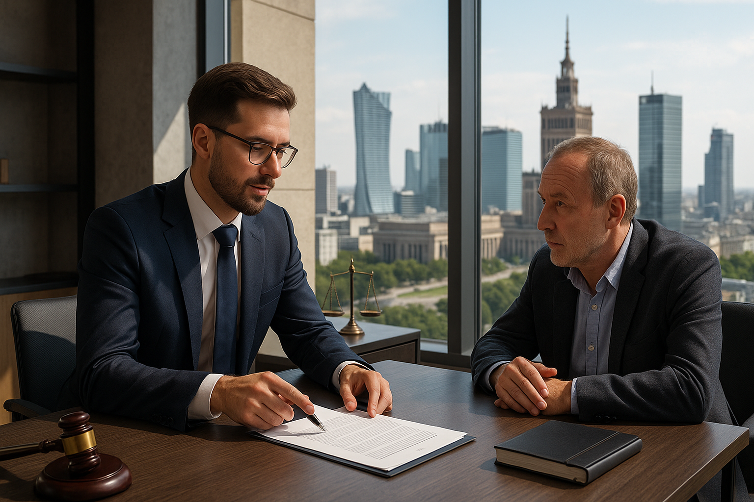 Radca prawny podczas konsultacji z przedsiębiorcą w biurze w Legionowie