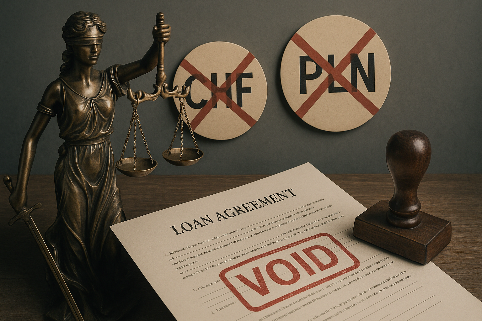 Symbol Temidy z przekreślonymi ikonami CHF i PLN oraz unieważnioną umową kredytową
