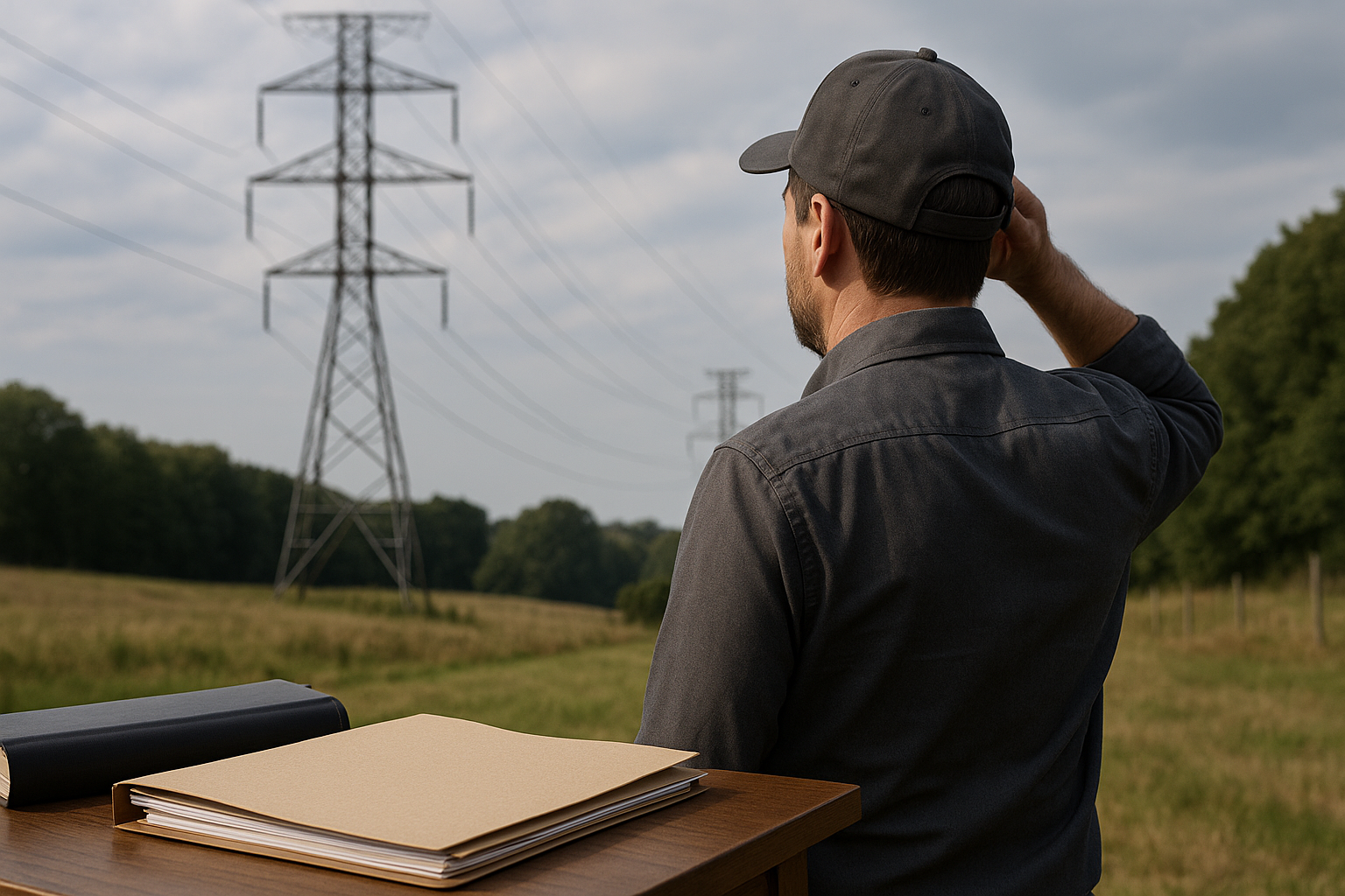Właściciel działki stojący przy słupie energetycznym i linii przesyłowej na prywatnym gruncie